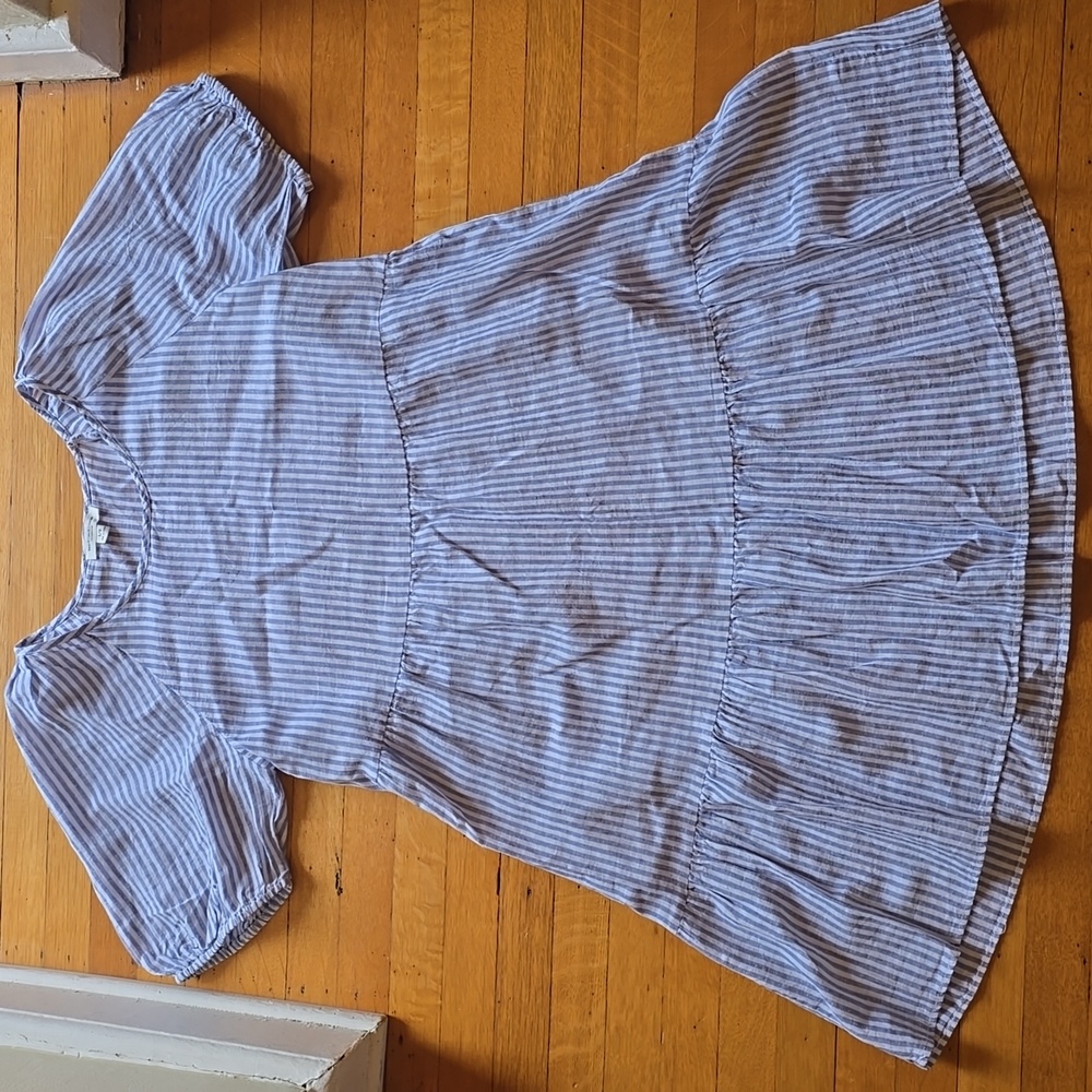Beach Lunch Lounge, Luca Linen A-Line Prairie Dress, Striped Puff Sleeve, Size L